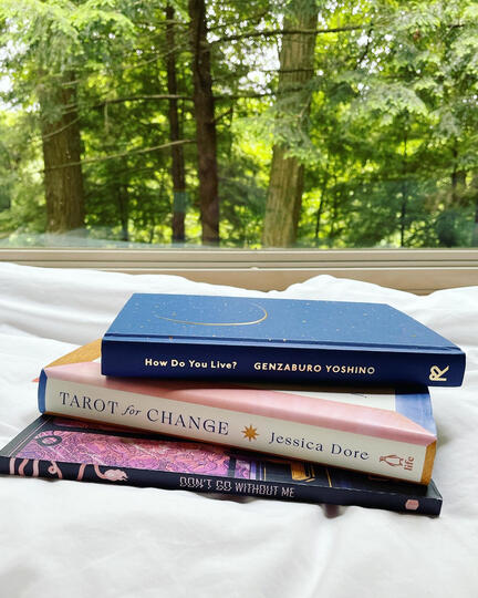 Stack of books Stack of various books on a bed next to a large picture window overlooking the woods.