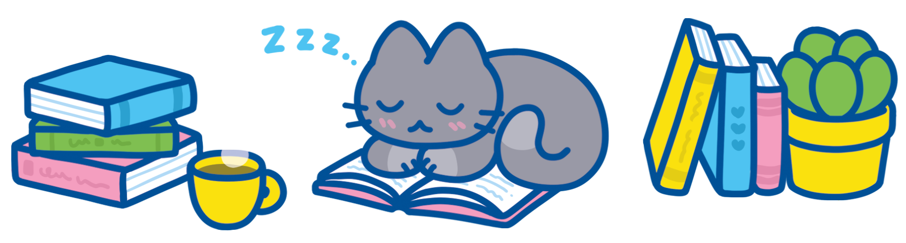 Illustrated cute grey cat sleeping among books, a cup of coffee, and potted plant.